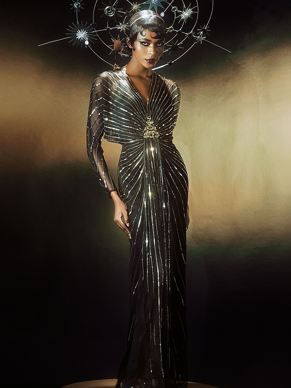 Gold-Embellished Black Long-Sleeve Evening Dress